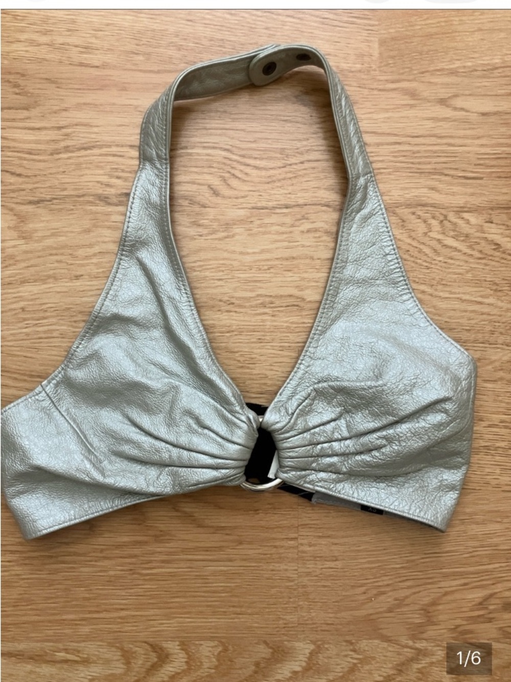 WILSONS Vintage Leather Metallic Silver Halter Bralette with Ring Detail. Sz XS